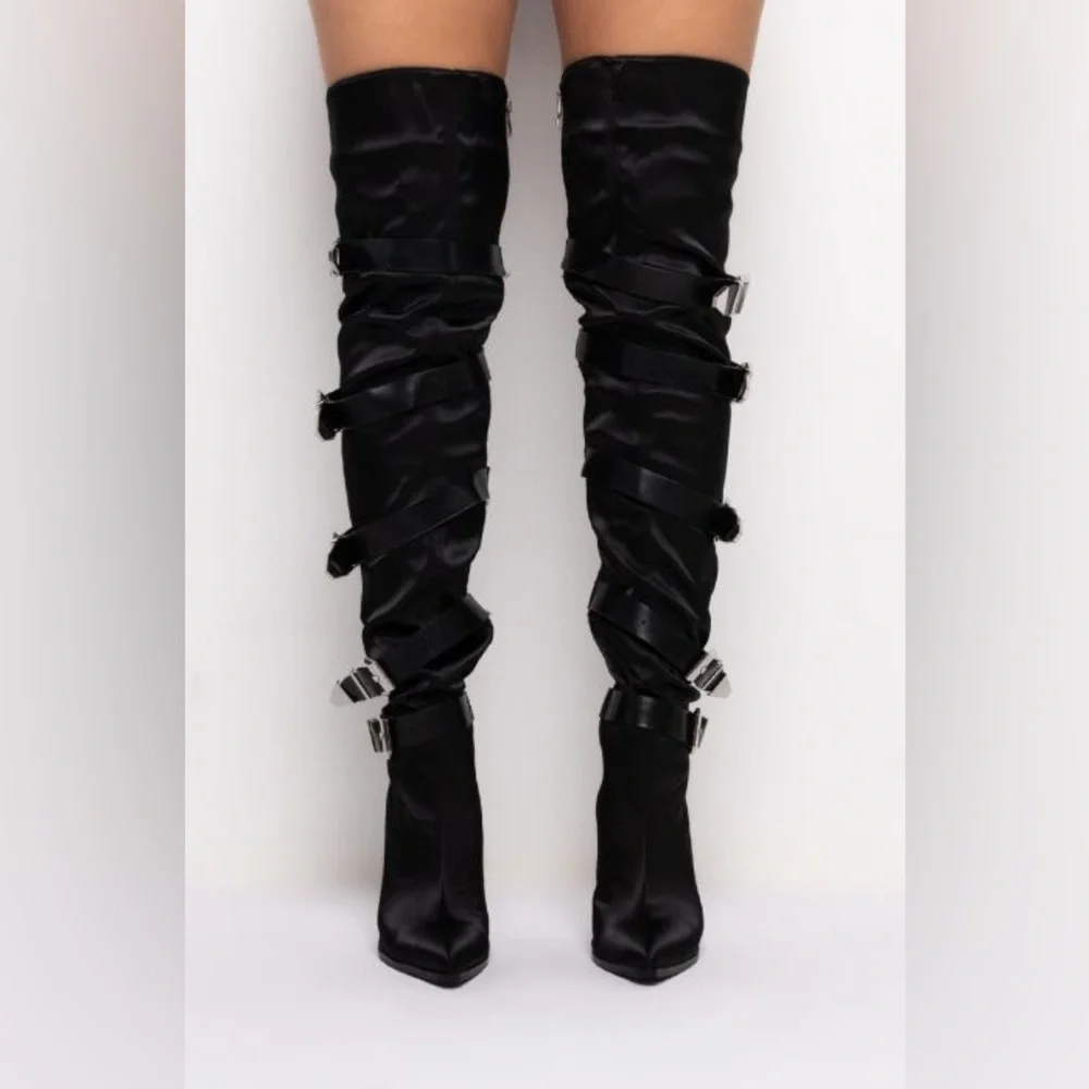Black Vegan Leather Tall Slouchy Knee High Stiletto Heel Boots